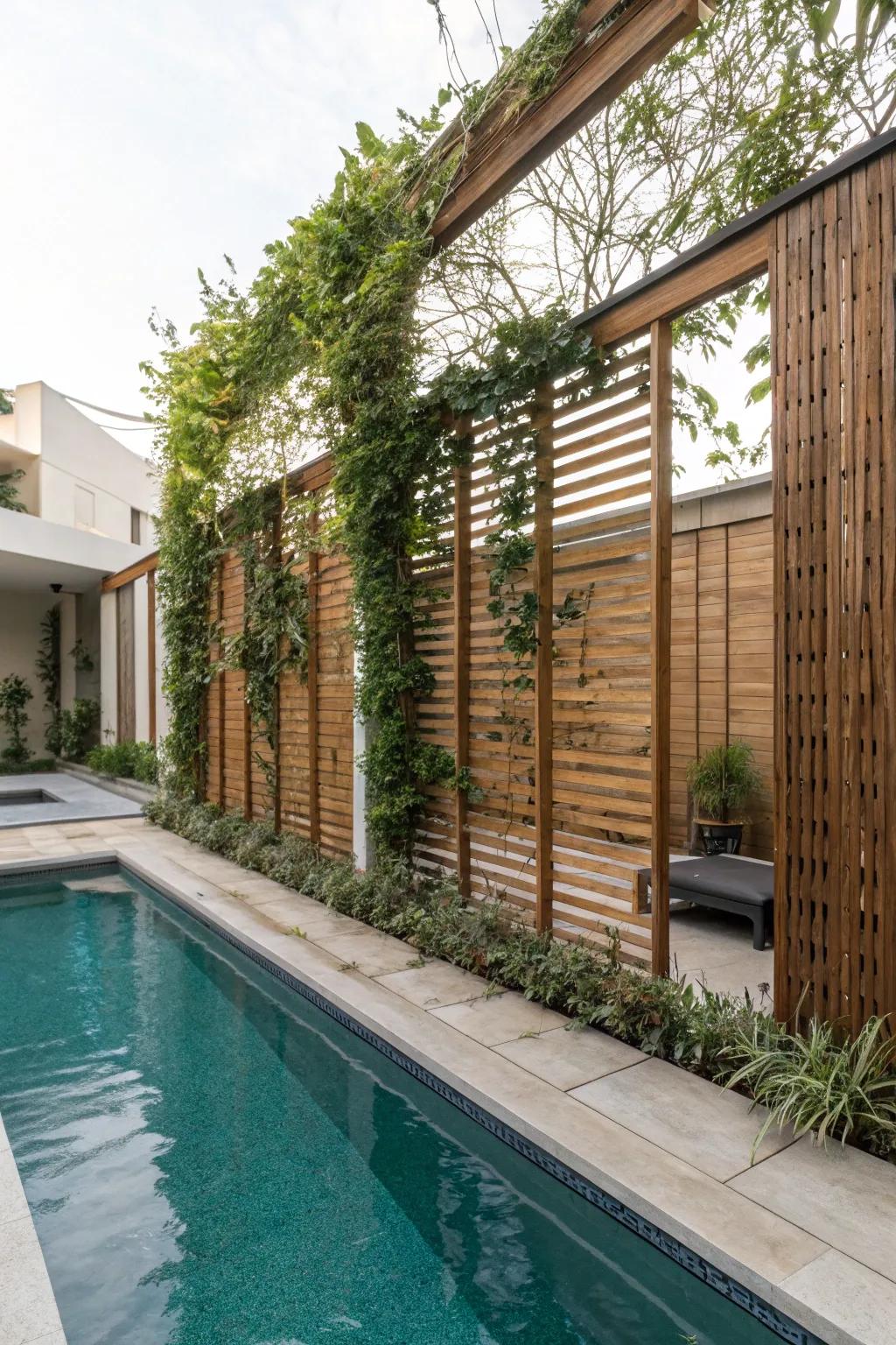 Privacy partitions create an intimate pool setting.