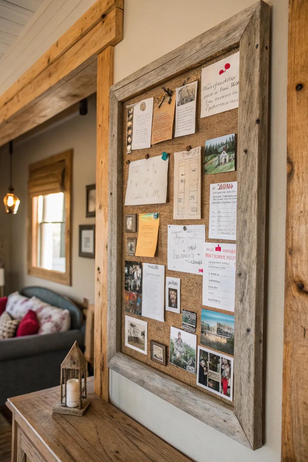 Bulletin boards with reclaimed wood frames have a cozy, rustic charm.