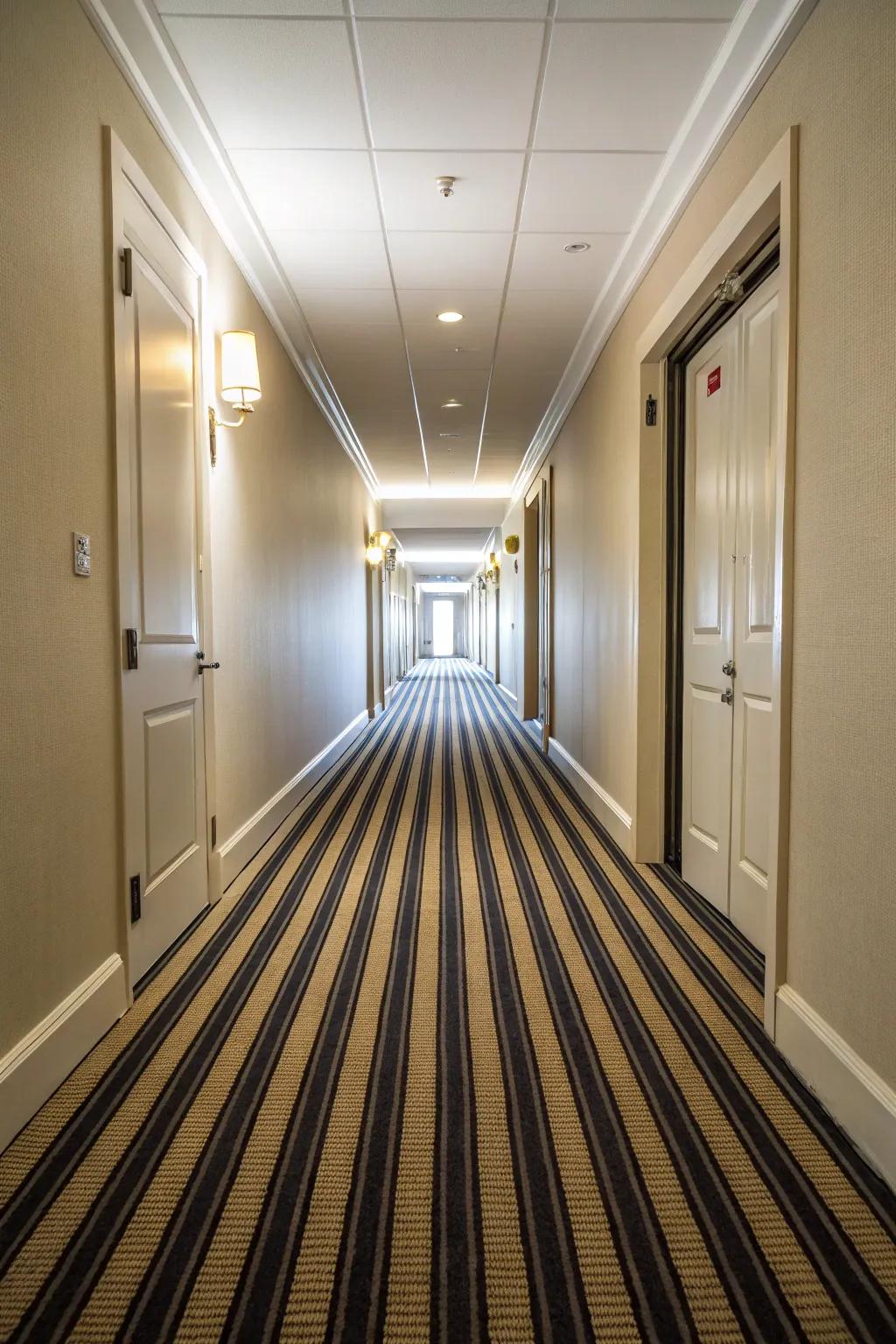 A hallway featuring a linear patterned floor covering for a visually elongated effect