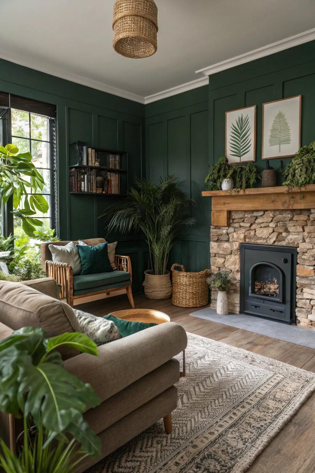 Biophilic design features enhance the tranquility of an emerald living space.