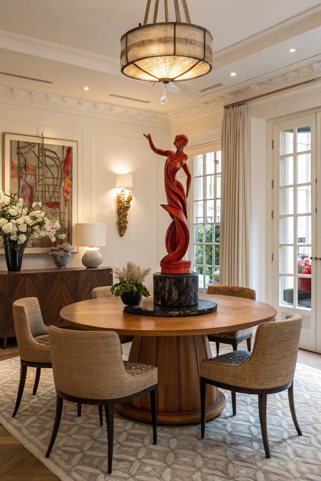 Unexpected elements such as sculptures establish focal points in the dining room.