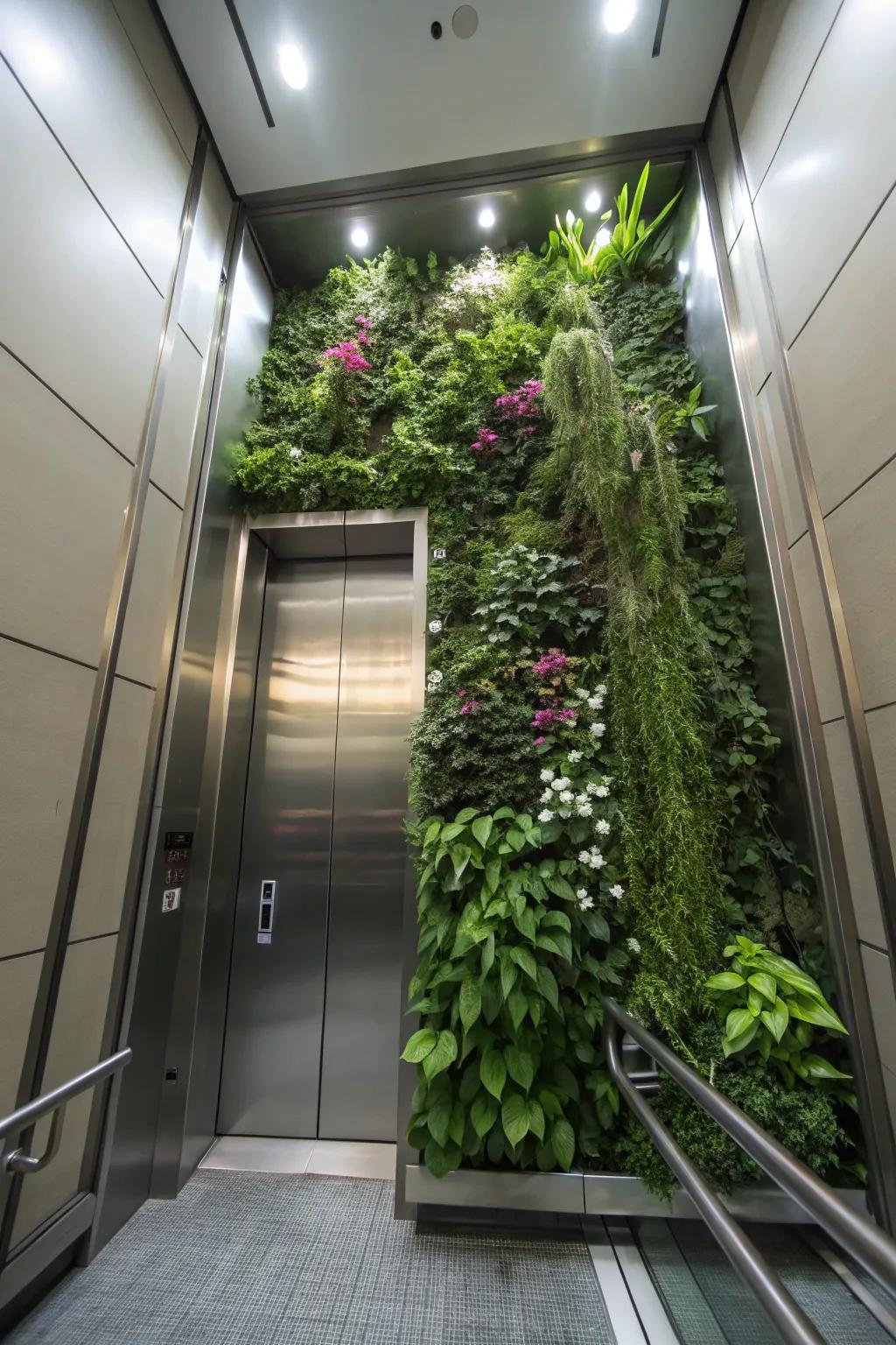 An elevator interior presenting a vertical garden for a rejuvenating ambiance.