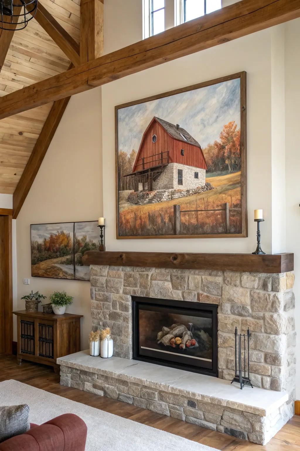 Farmhouse artistry adds an artistic flair to the hearth.