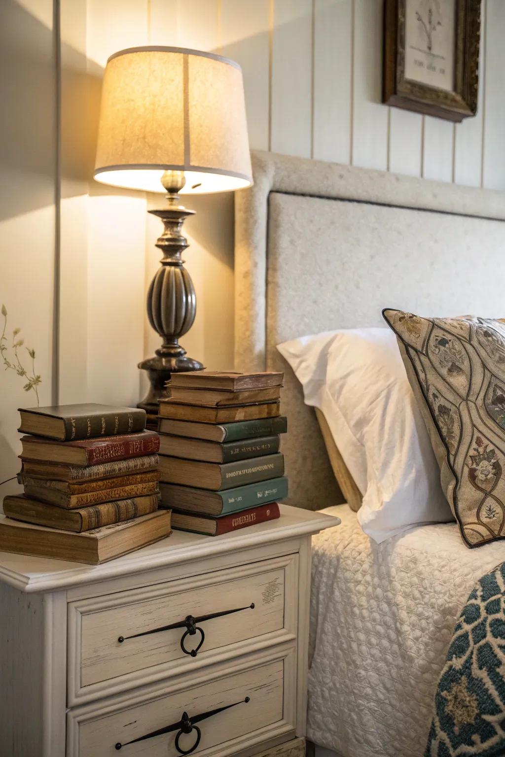 Time-worn books add charm and history to this farmhouse guest bedroom.