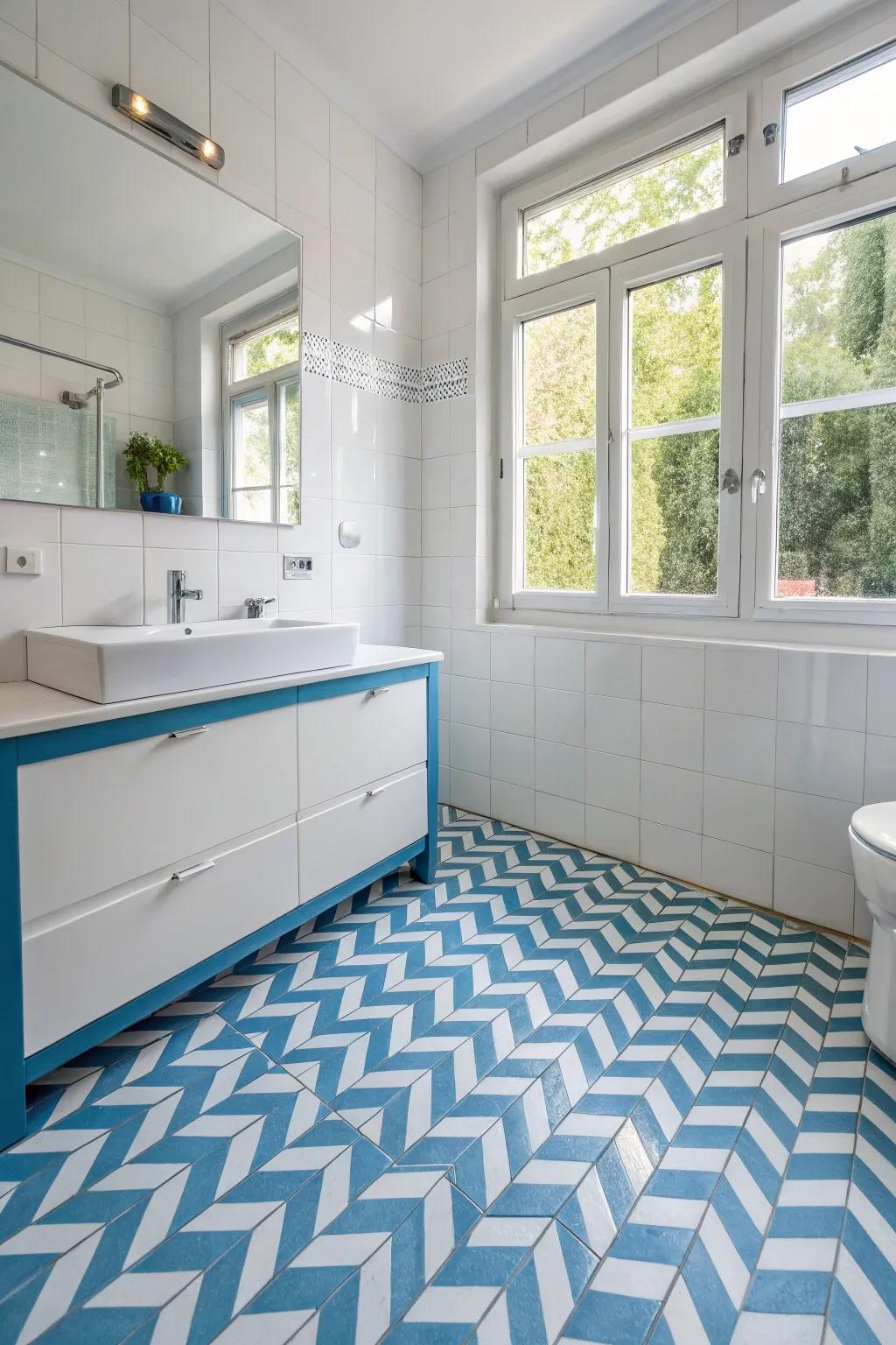 A bathroom presenting playful chevron patterned floor tiling for added character.
