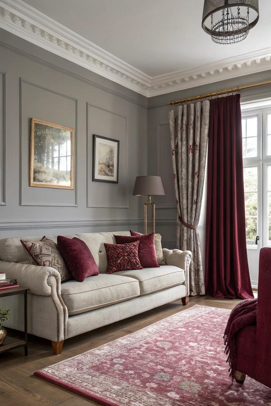 Living area showcasing slate walls and wine accent decor.