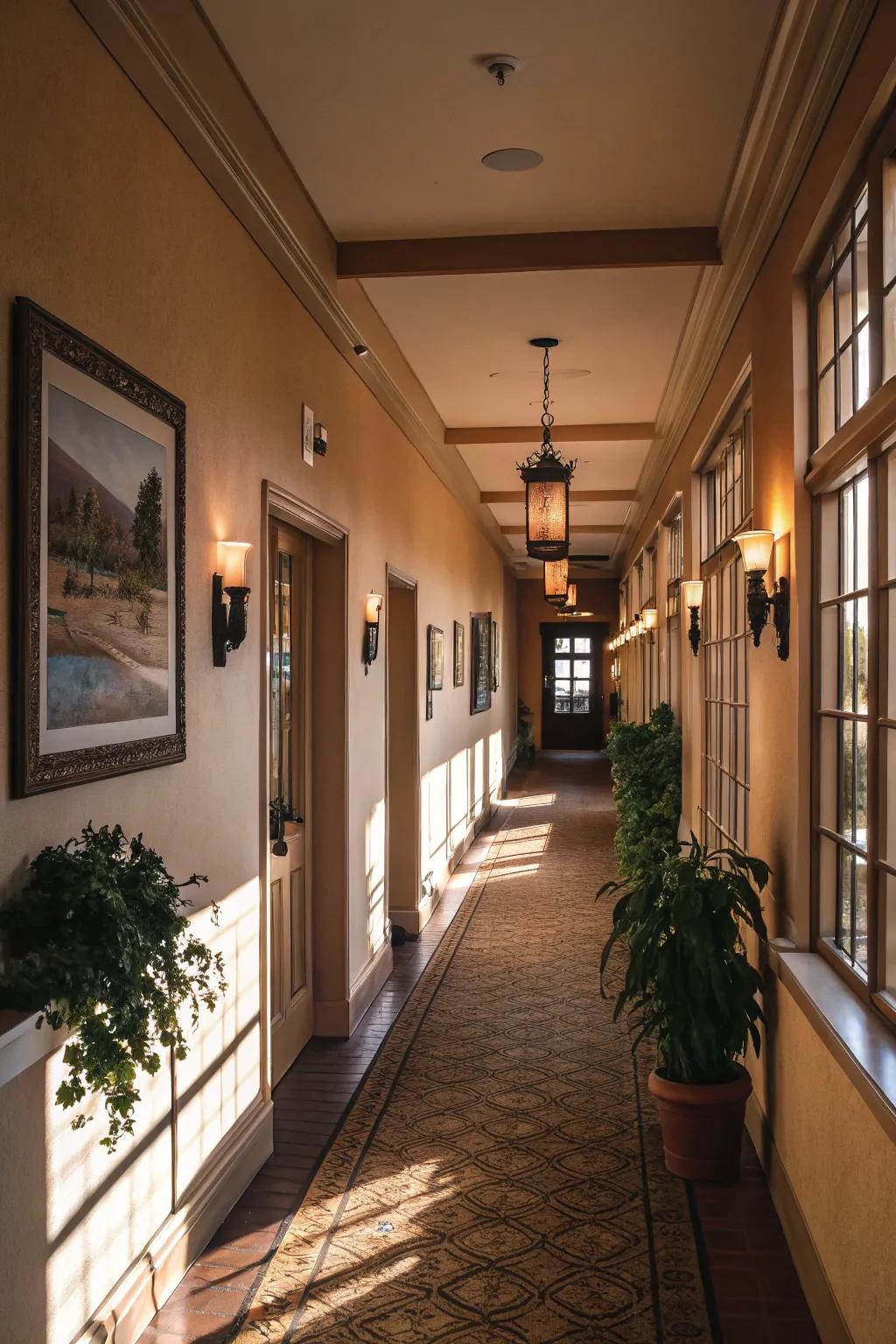 Layered illumination injects depth and amplifies the hallway's mood.