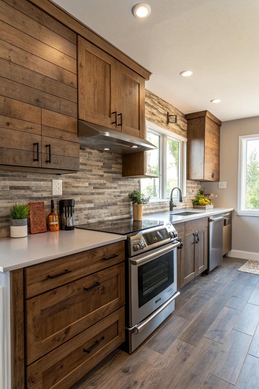 Lumber-style tiles offer warmth and robustness.
