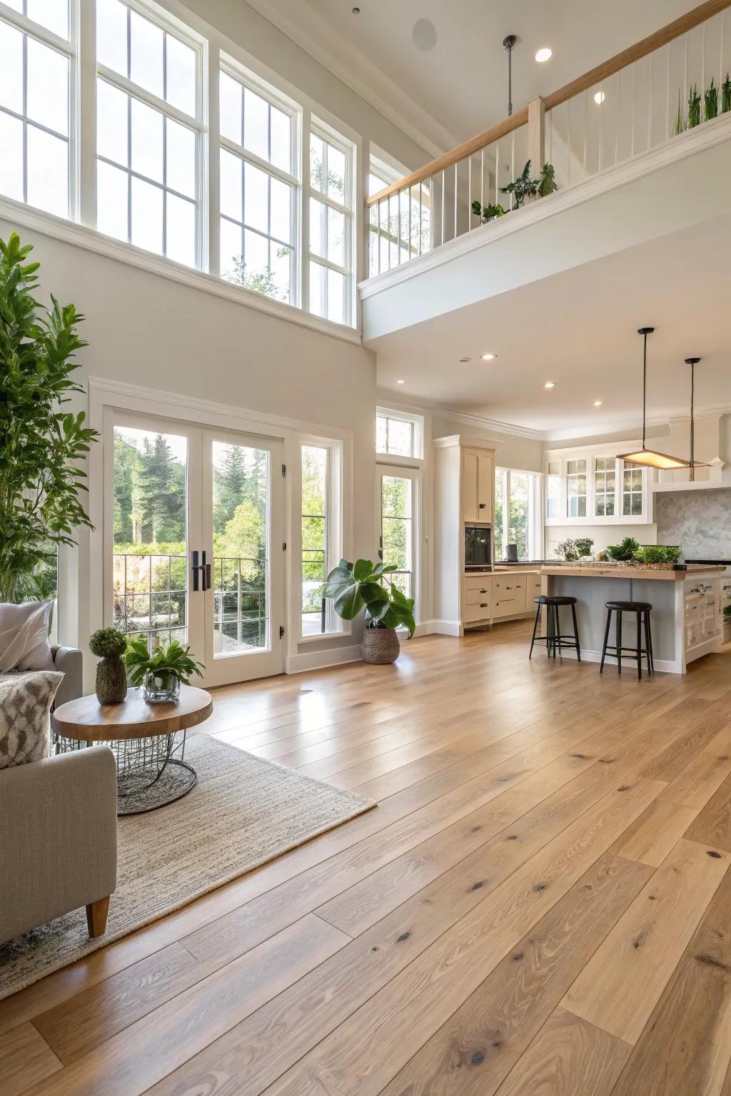 A seamless flow is achieved with consistent light timber flooring.