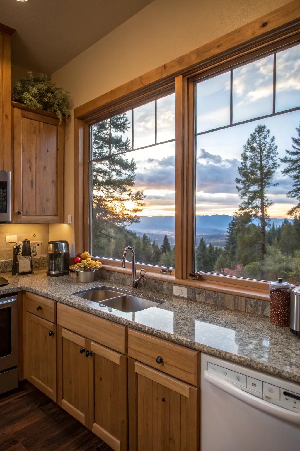 Windows with views transform kitchens into serene spaces.