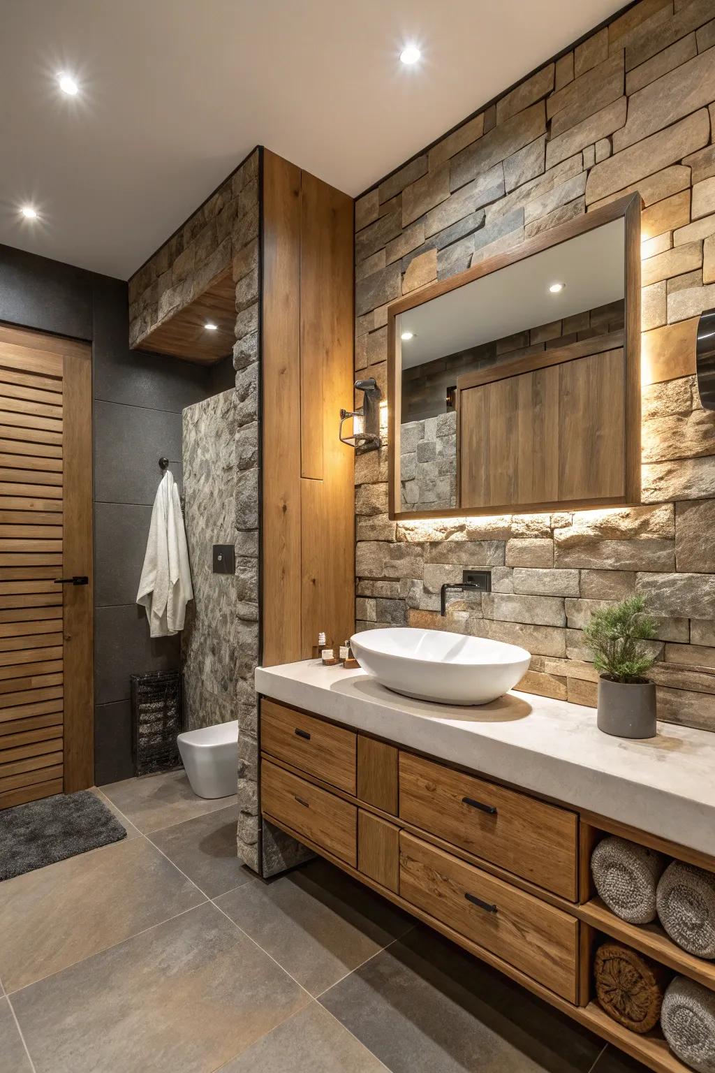 Layered embellishments contribute depth and curiosity to the bathroom.