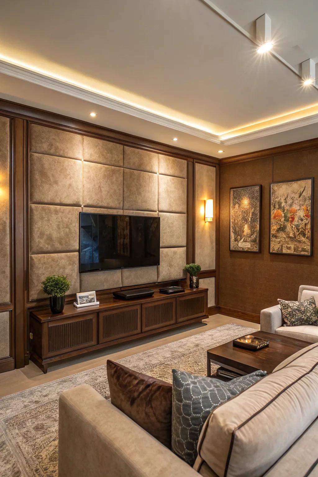 A suede backdrop infuses opulence and elegance into a media wall.