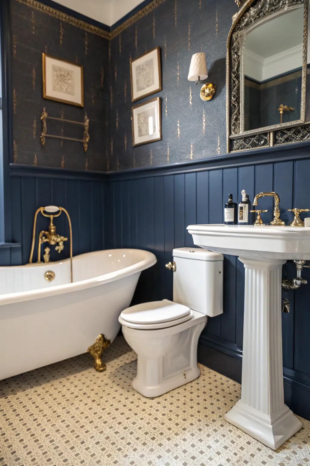 Vintage fixtures add charm to deep ocean bathrooms.