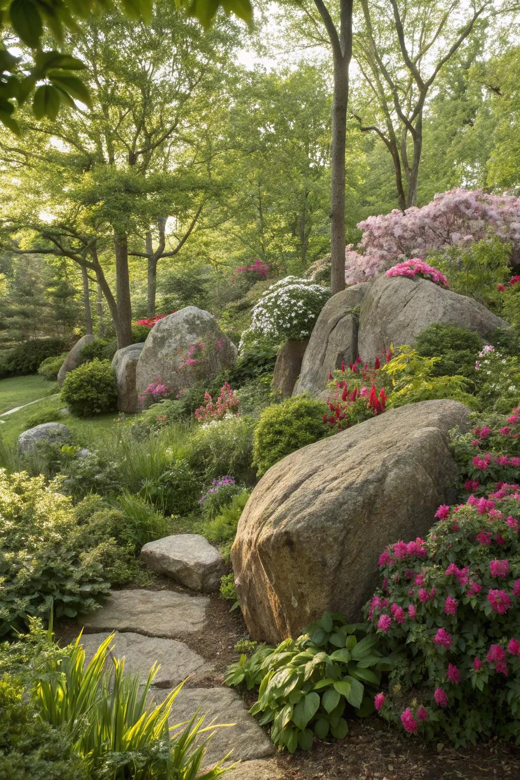 Bulks act as authentic focal attractions, grounding the garden design.