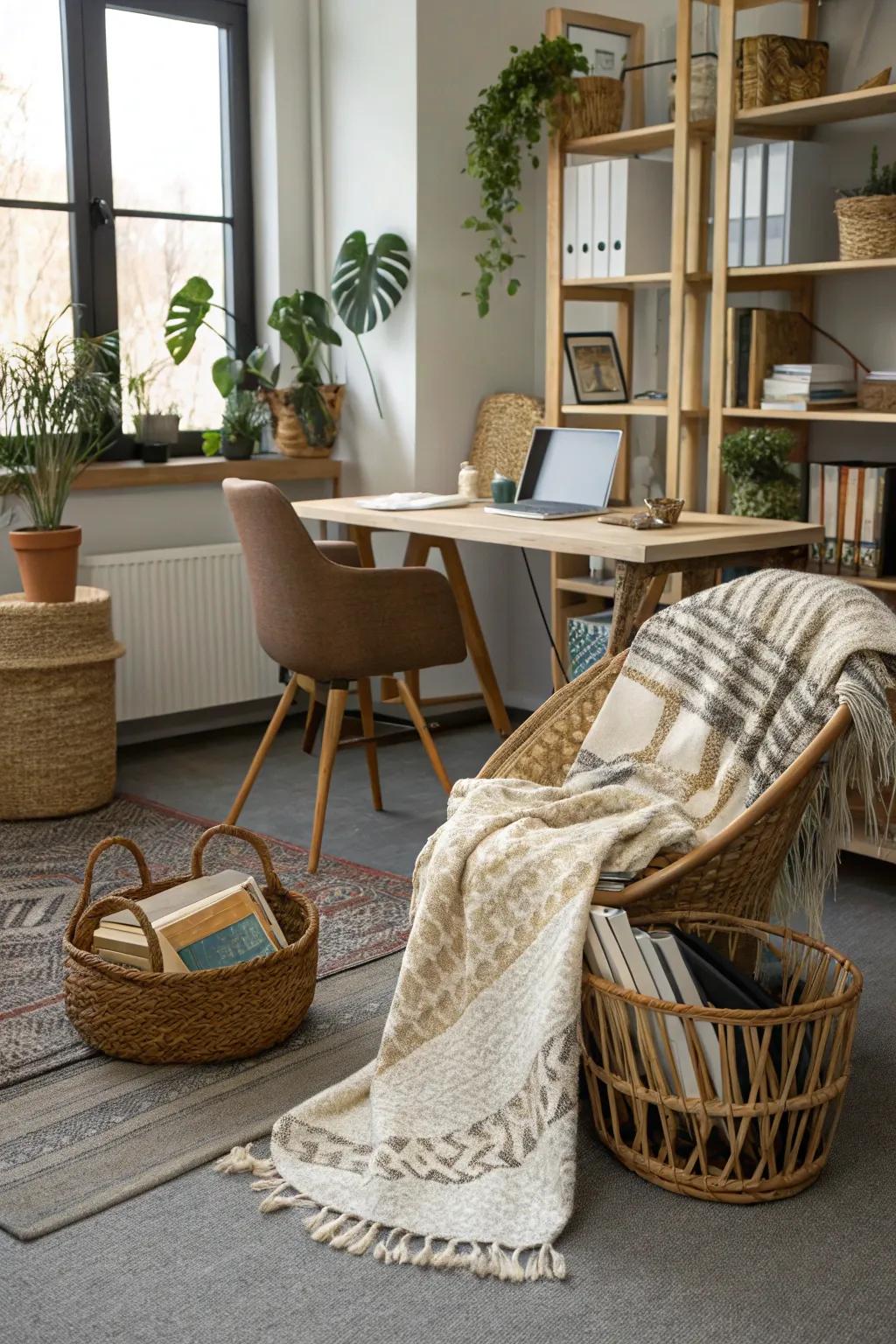 Woven fabrics introduce a handmade touch and texture to a rustic office.