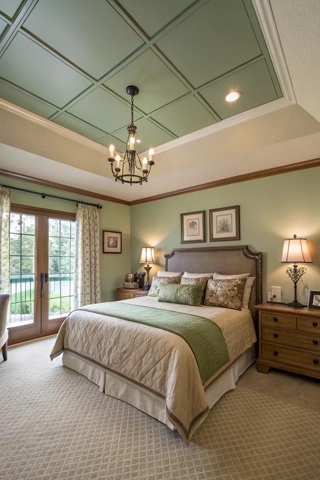 An avocado-toned ceiling adds an unexpected touch of depth.