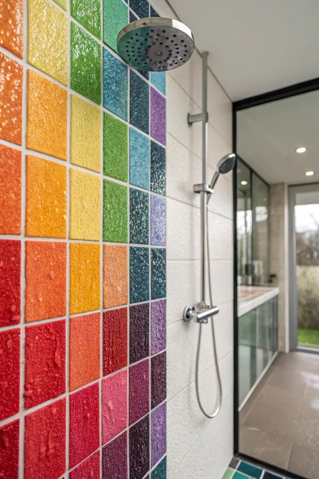 A bold bathing space design presenting vibrant hues and textured tiles.
