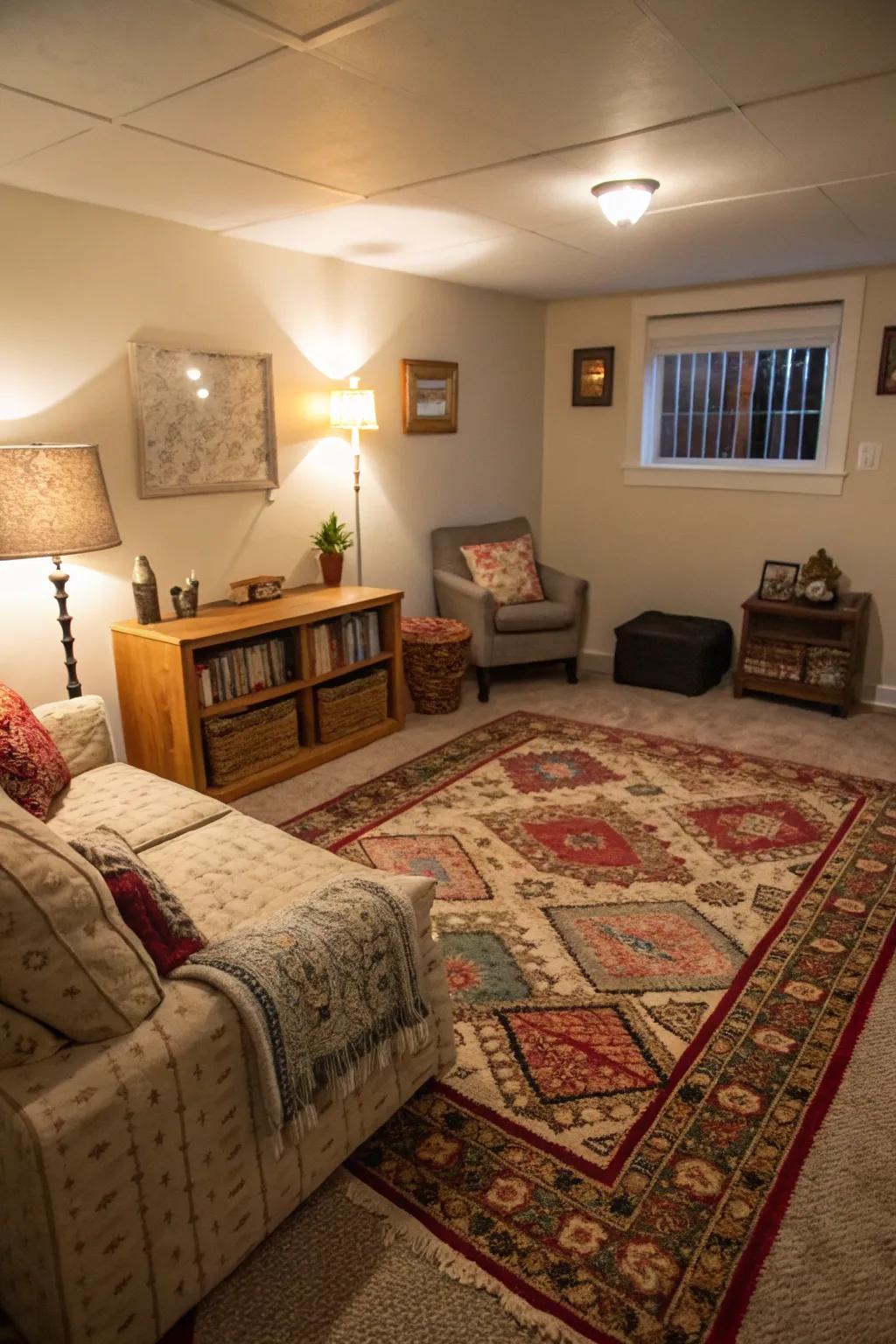 A small gathering spot utilizing floor coverings to create defined zones.