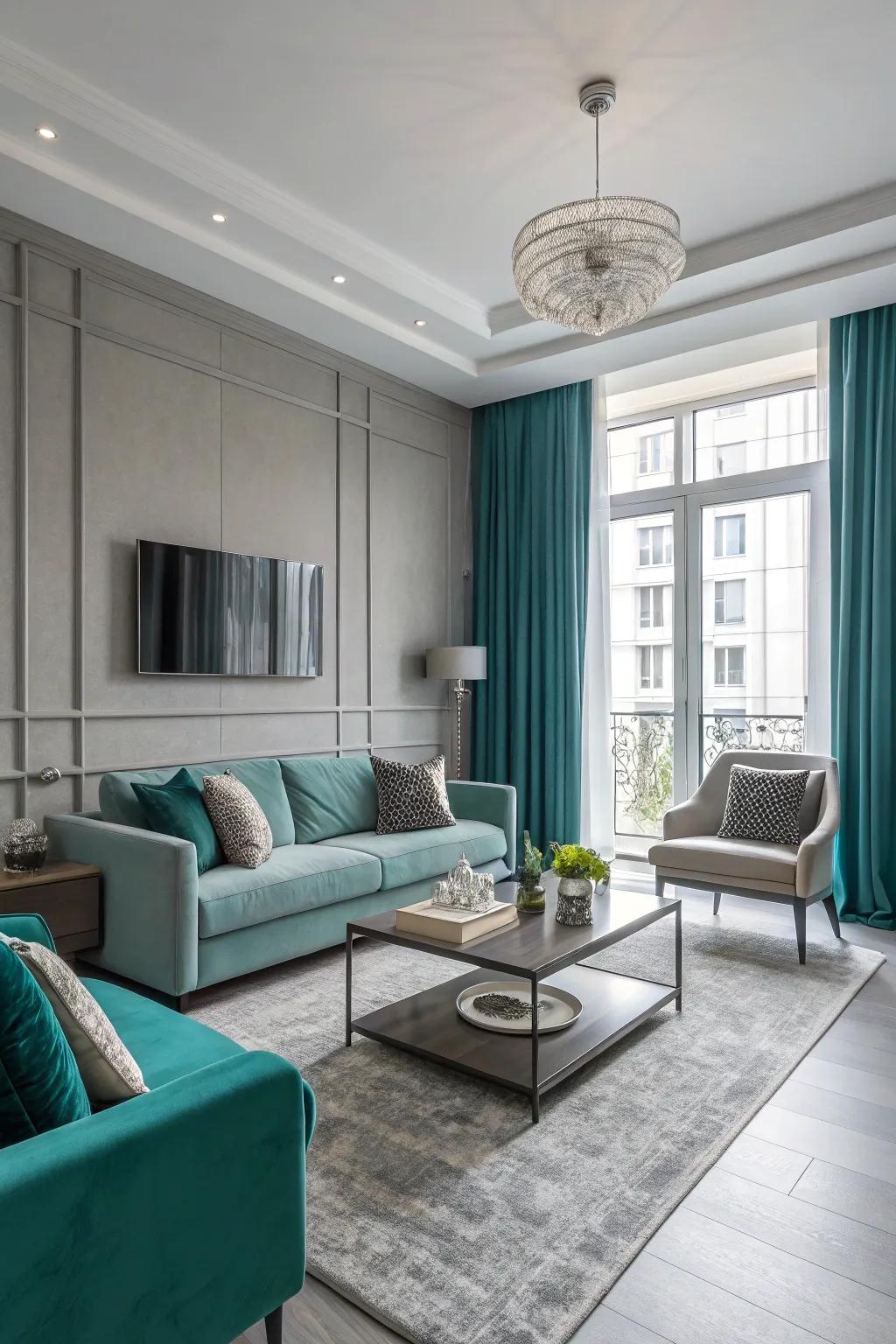Modern furniture enhances the aquamarine and ash family room.