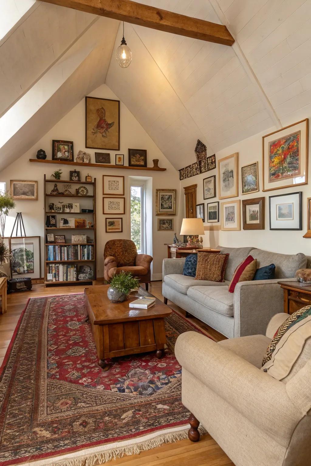 Eclectic styles bring personality and flair to this vaulted ceiling living room.