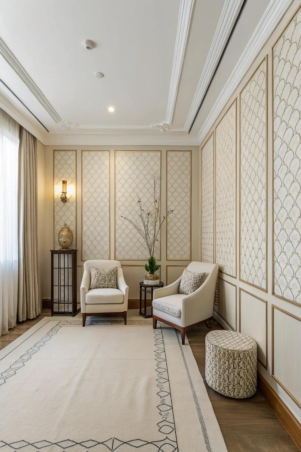 Understated line wallcovering provides a subtle backdrop in a minimalist room.