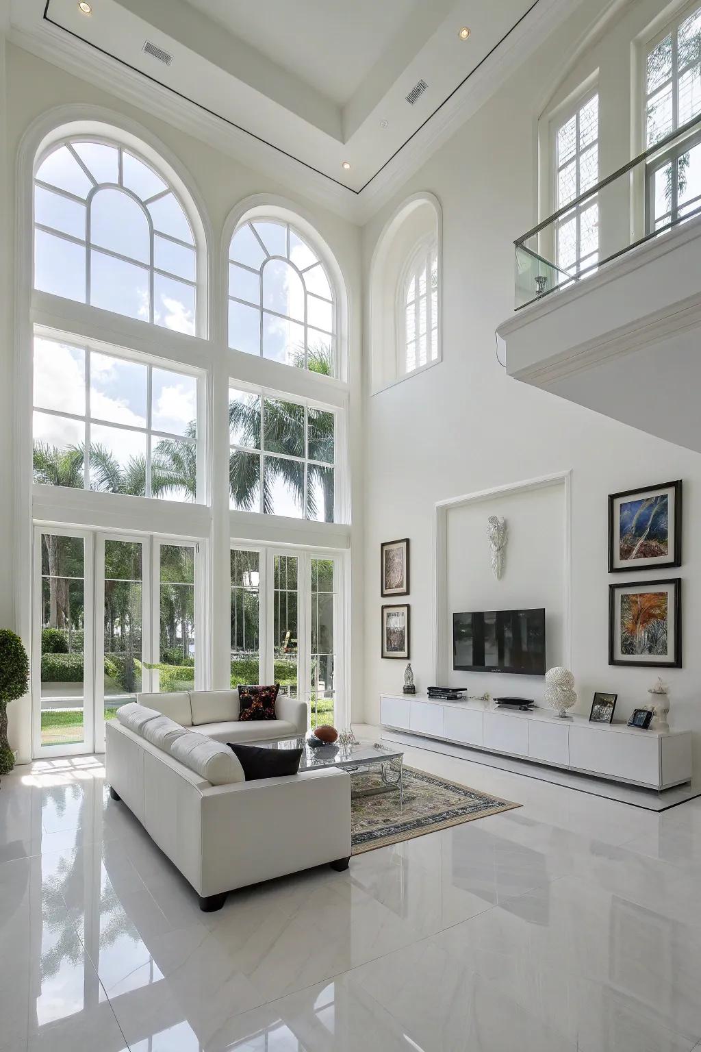 Architectural attributes contribute intensity to a contemporary white lounge.