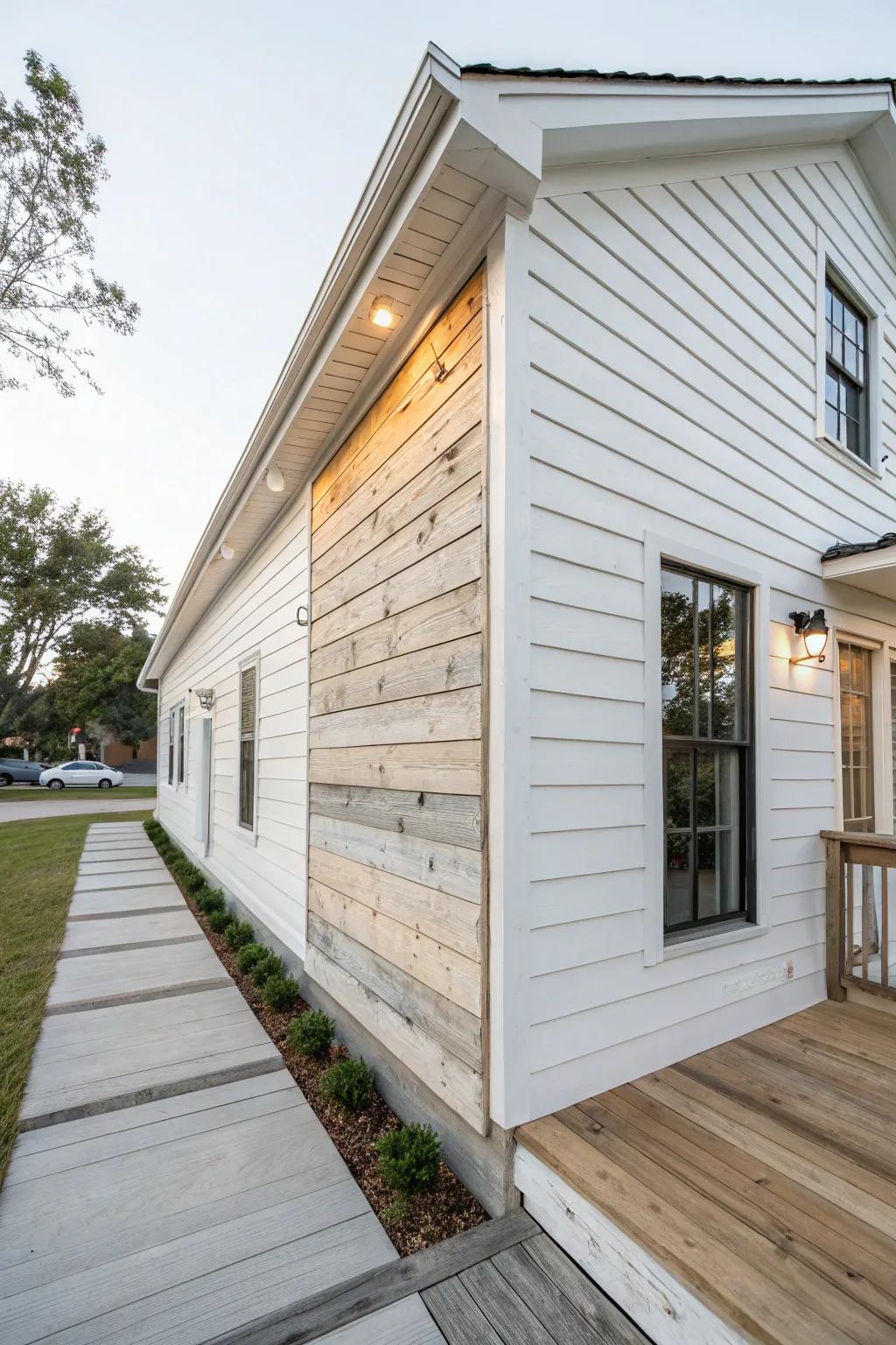 Textured whitewashed boards adding charm to a modern exterior.