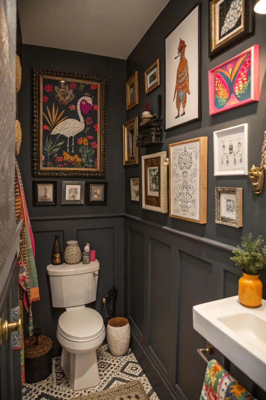 Diverse artwork contributes personality and intrigue to captivating bathrooms.
