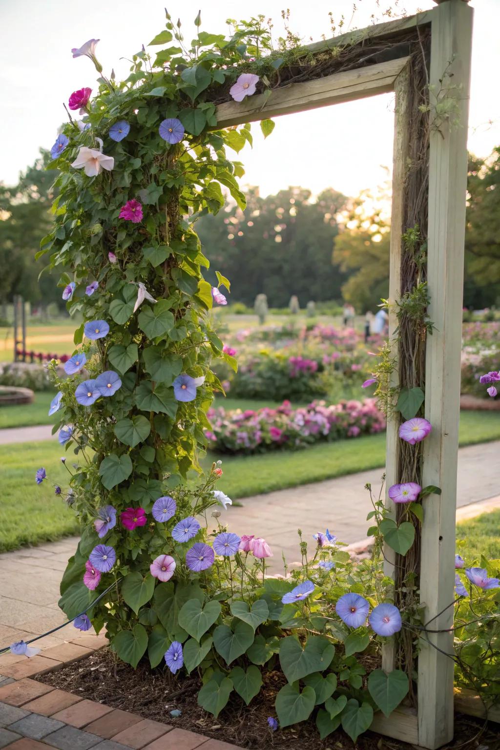 A vibrant piece of living artwork featuring Heavenly trumpets trained around a frame.