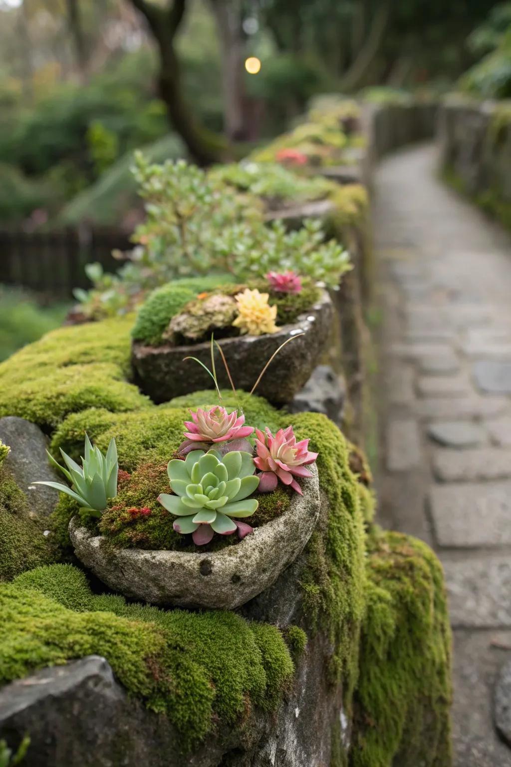 A creative use of algae stones with vibrant planting pockets.
