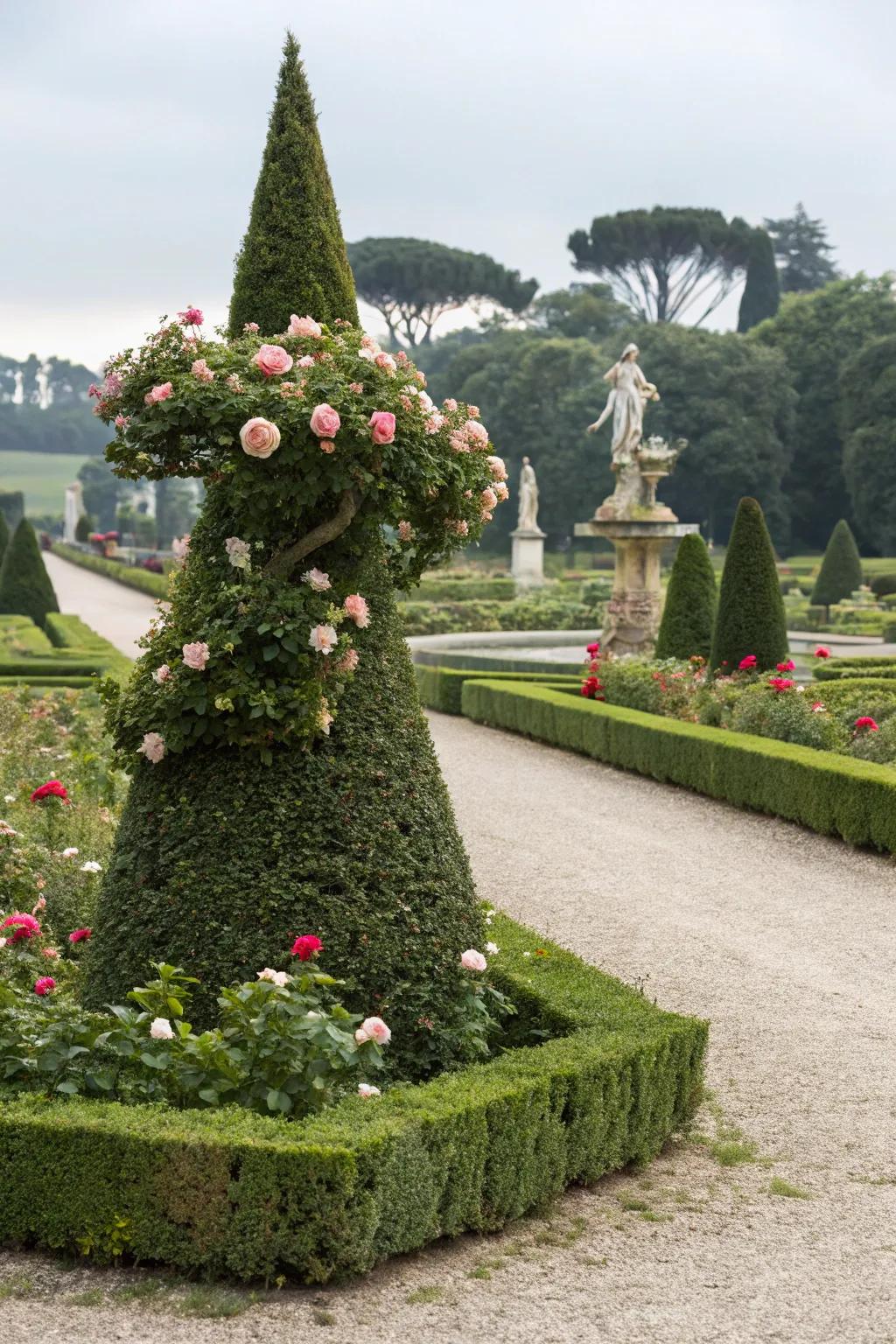 A sun rose topiary offers an elegant garden feature.