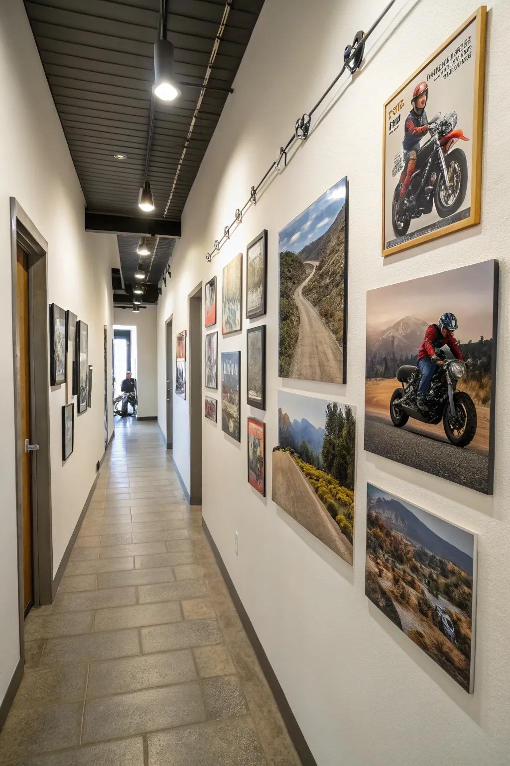 A gallery wall decorated with moto-themed art.