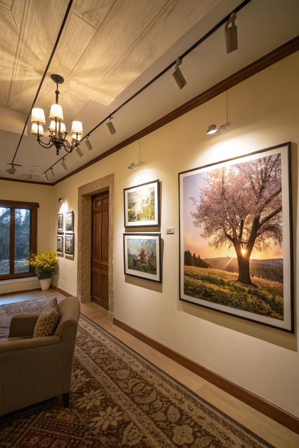 Elegant room displaying encased nature photography.