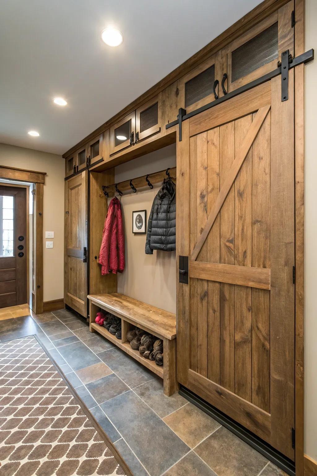 Entryway featuring sliding barn doors that add a countryside yet contemporary flourish.