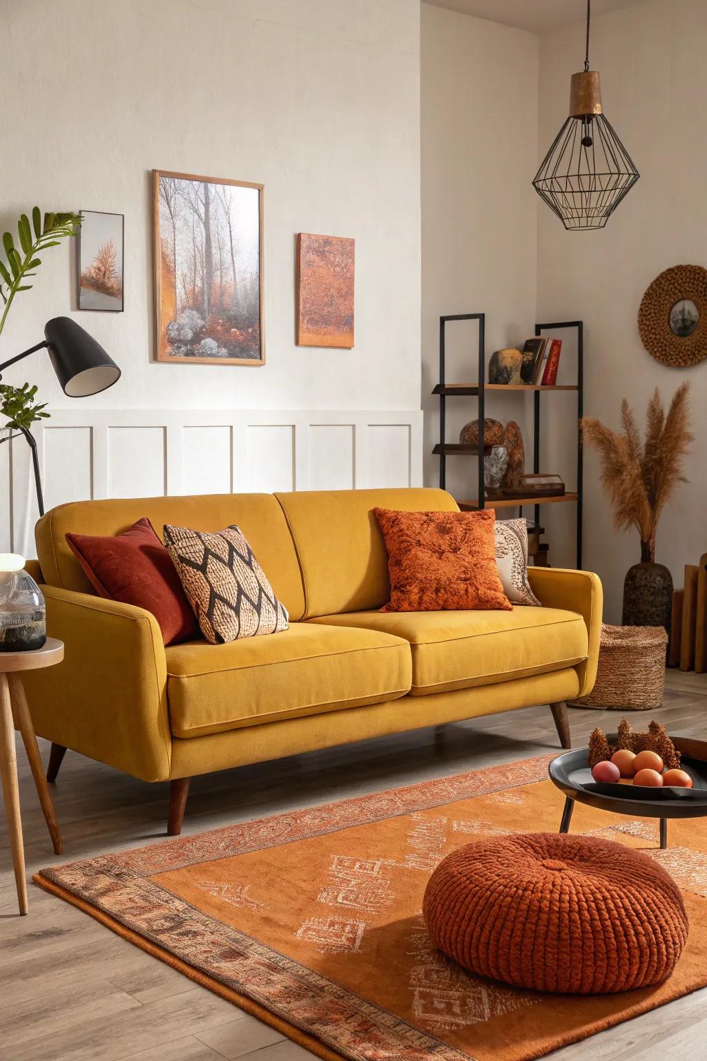 Burnt orange accents add warmth and coziness.
