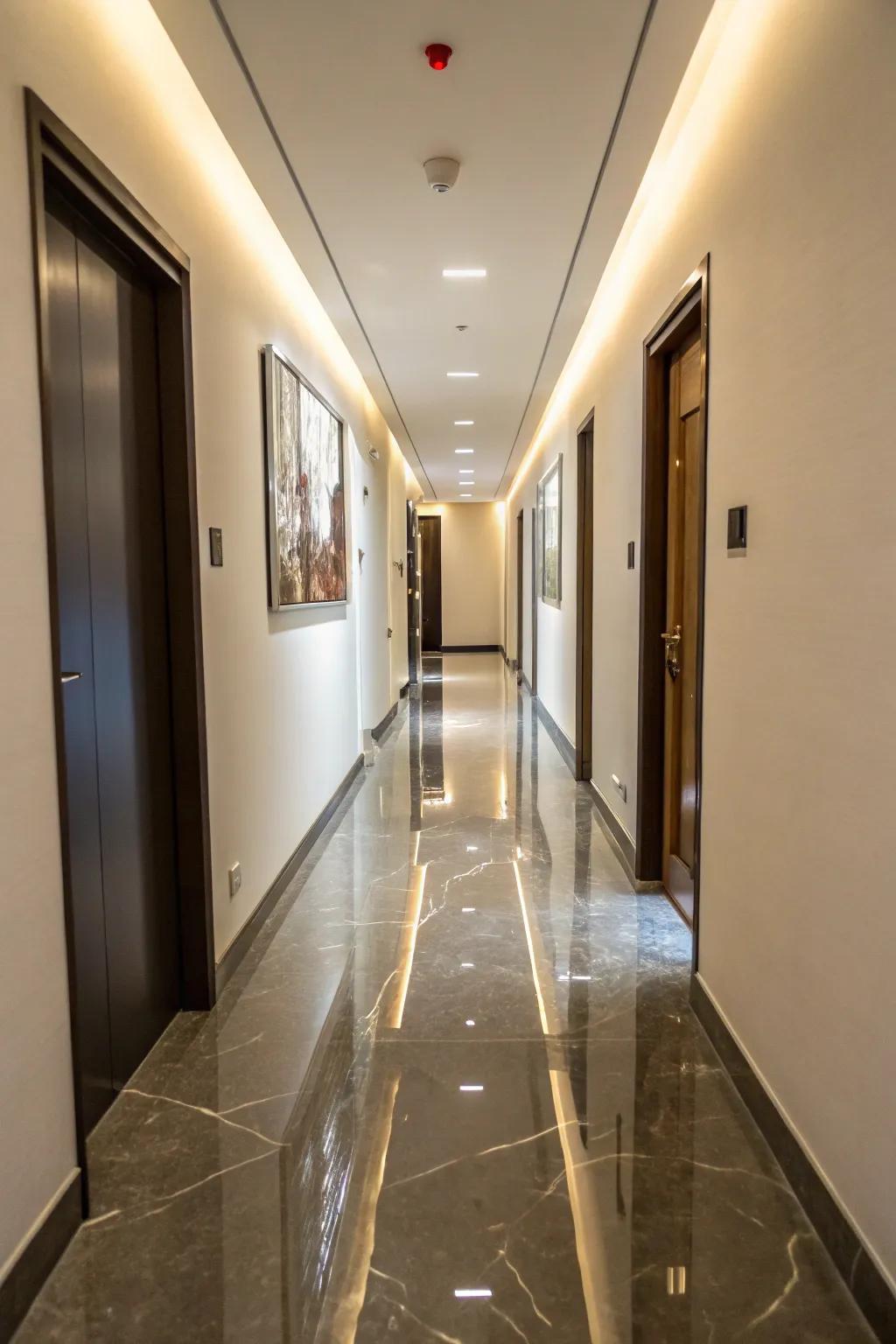 Acrylic overlay offers a modern, seamless finish for hallway surfaces.