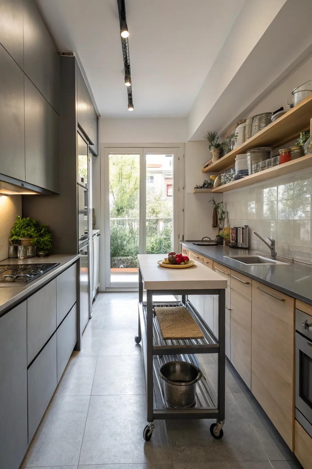 A mobile island incorporates adaptability to a narrow kitchen.