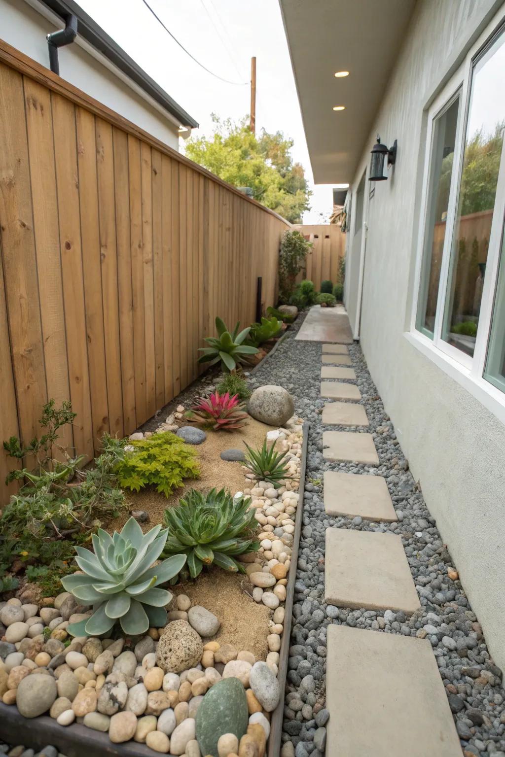 Stone gardens offer a serene and low-maintenance choice for slim spaces.