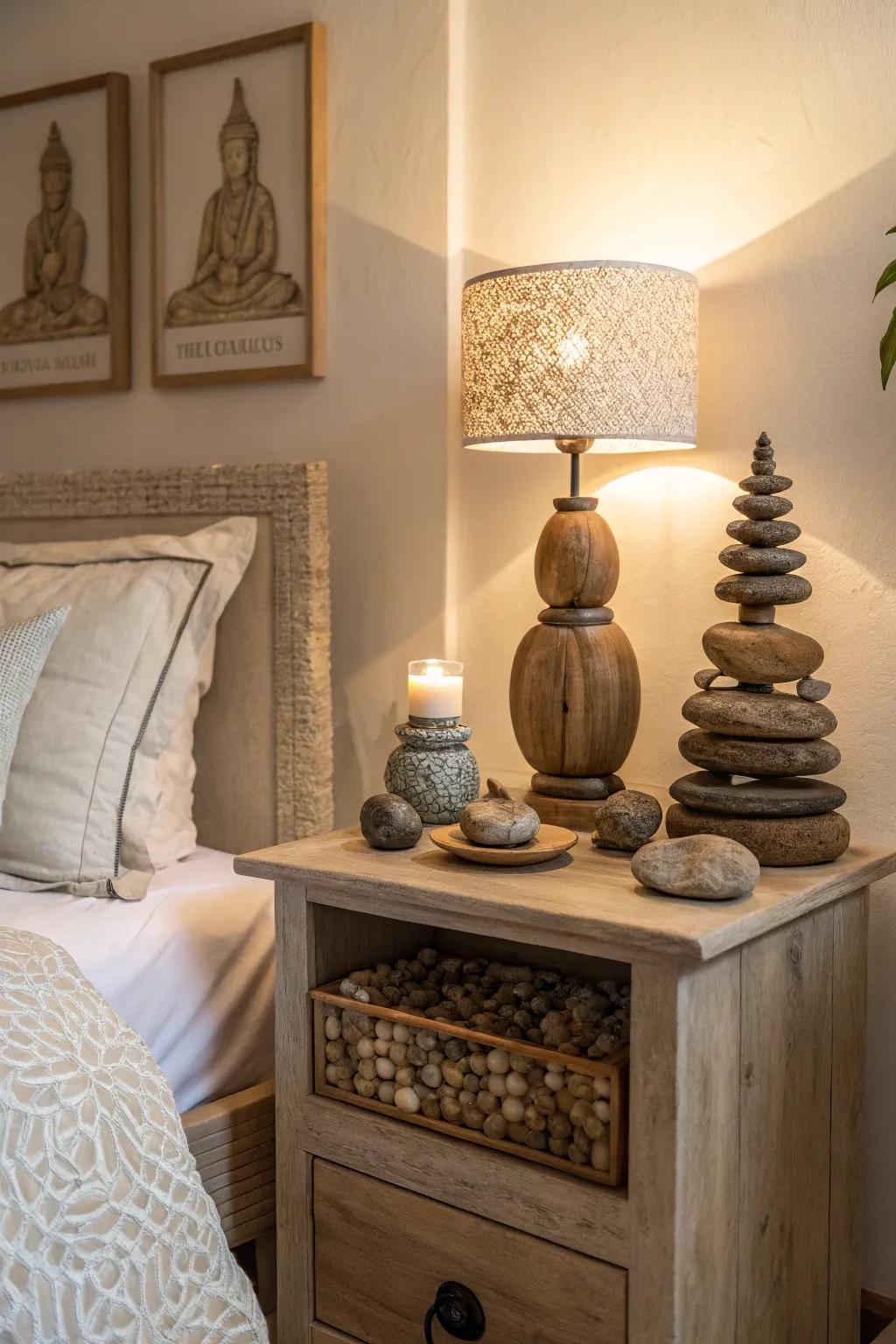 Stone elements add an earthy, grounding effect to the bedroom.
