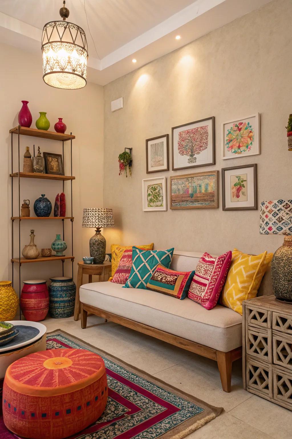 Colorful accessories stand out against neutral walls.