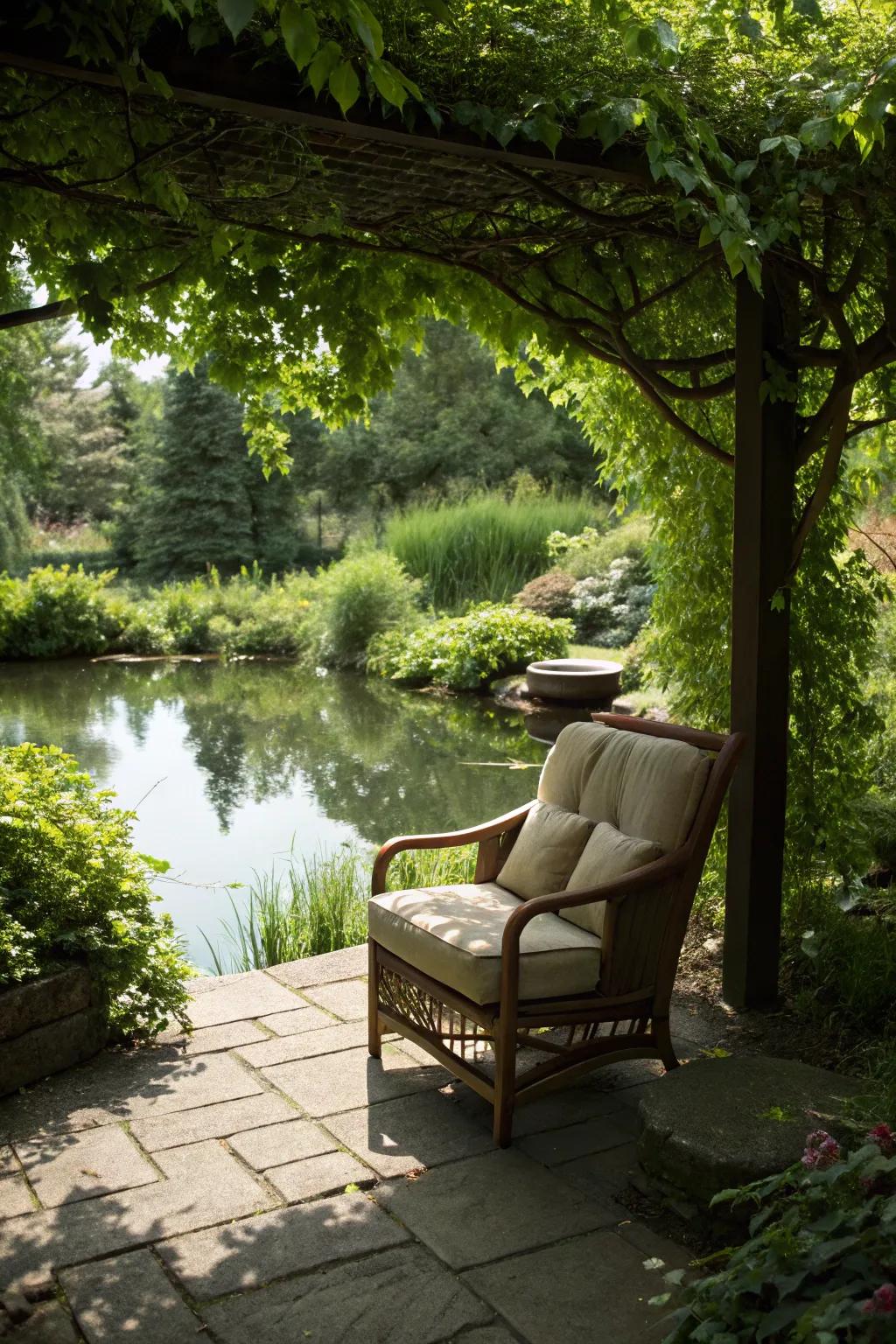 A secluded recess extending a private retreat by a native water garden.