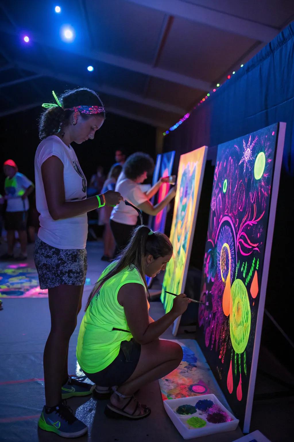 Guests at a radiant pigment party crafting glowing masterpieces, adding a creative twist to the celebration.