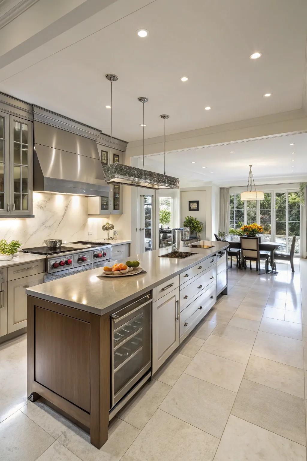 A spacious kitchen featuring twin islands, perfect for cooking and hosting occasions.