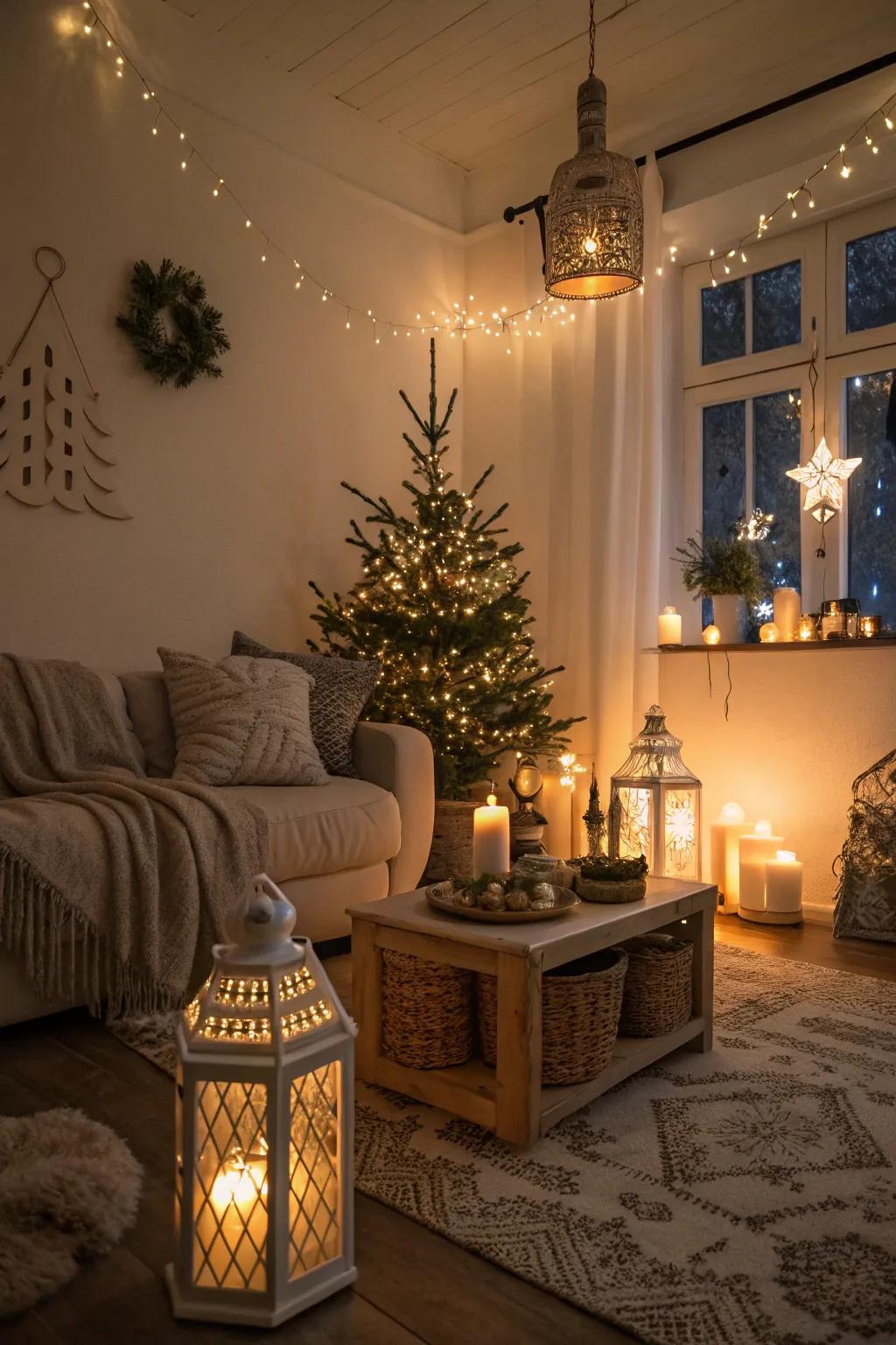 Candles and lanterns fashion a cozy glow for New Year's Eve.