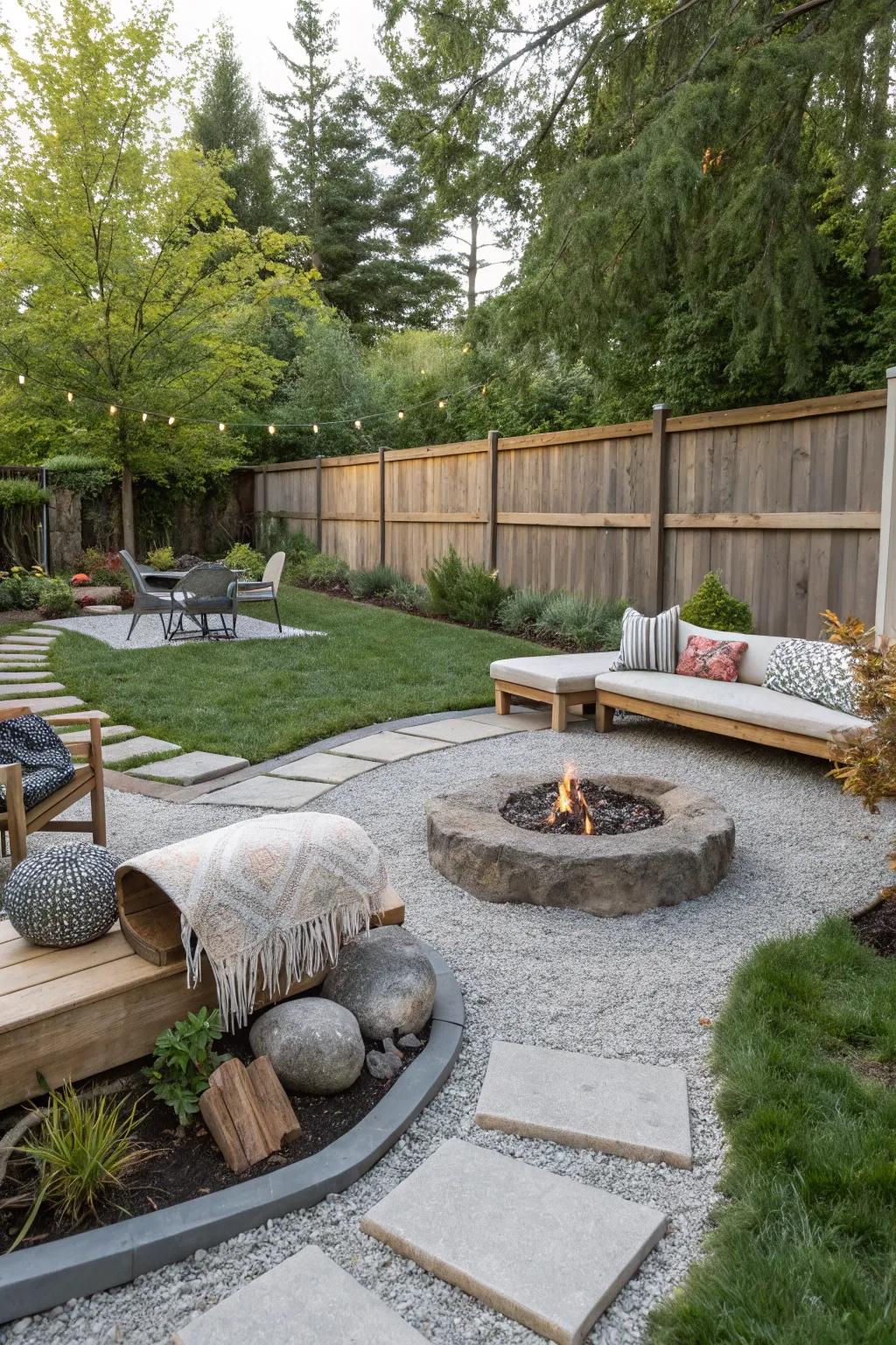 A backyard is made cohesive through the use of gravel.