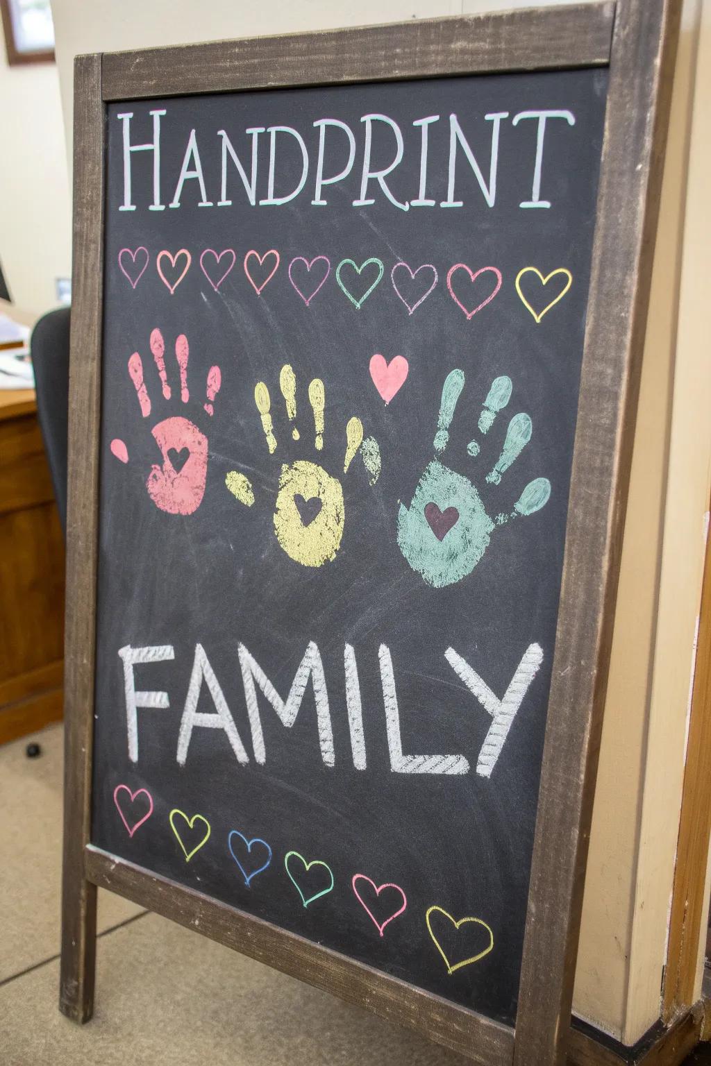 Family impressions on a chalkboard, celebrating togetherness and recollections.