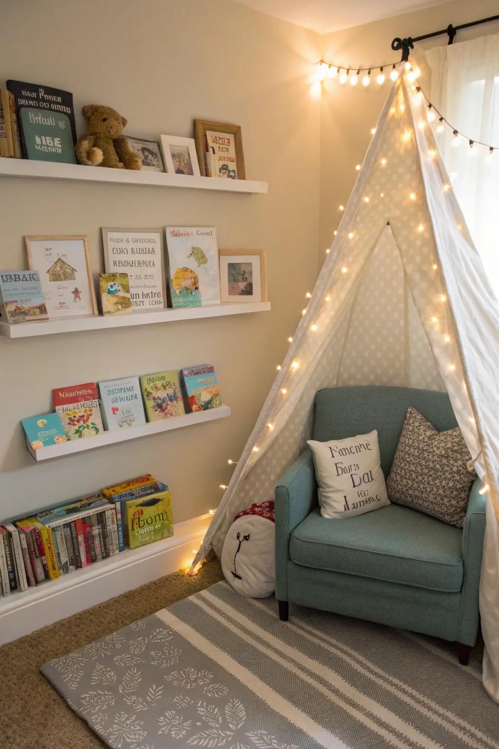 A cozy reading corner in the nursery with accessible book storage.