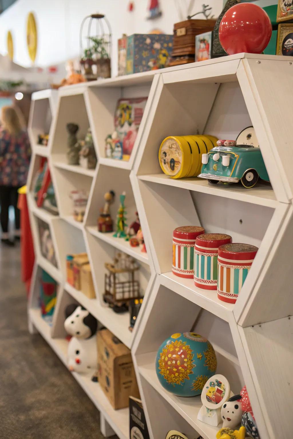 Fanciful items fashion a playful ambiance on octagon displays.