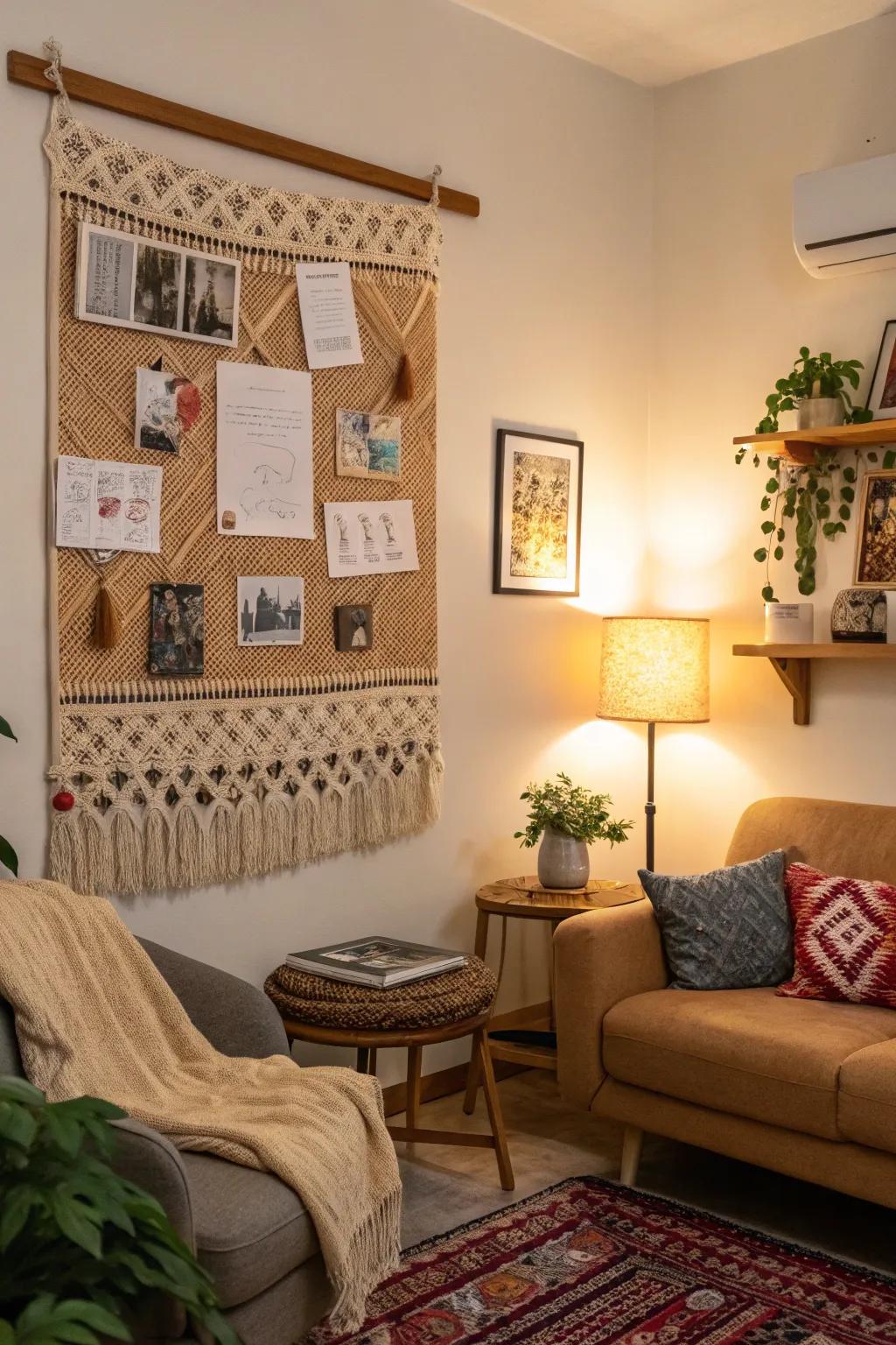 A snug drawing room display board with a textured wall decor.