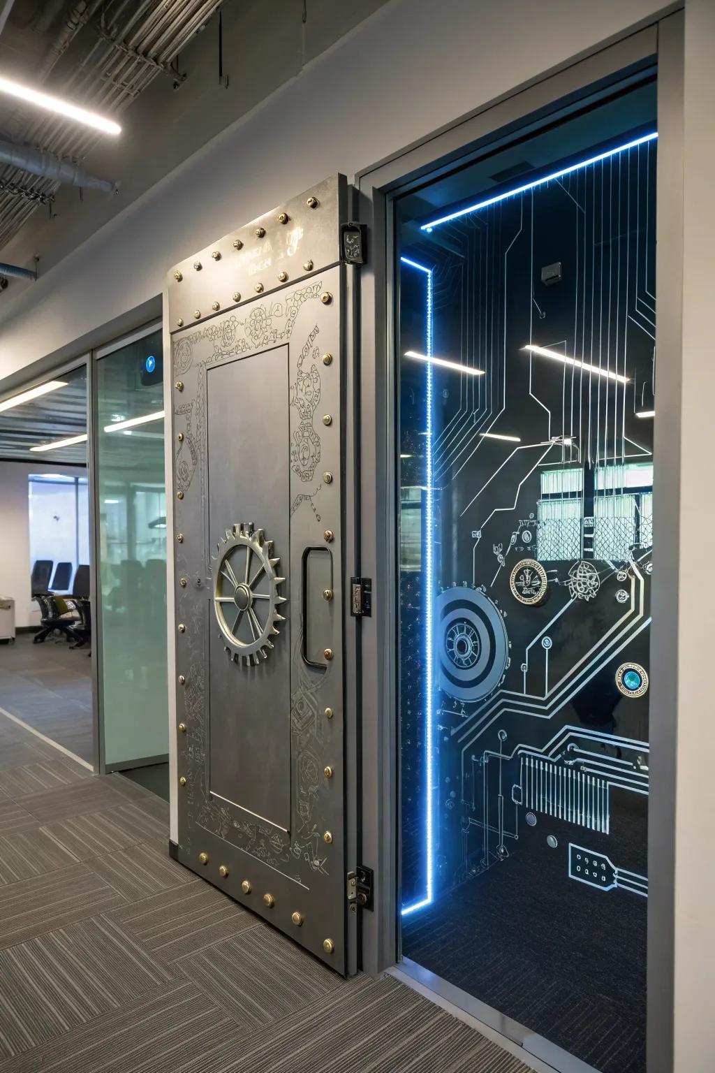 Step into the future with a tech-themed office door.